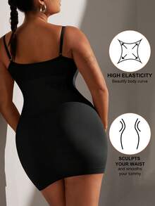 1pc Plus Size Women's Waist Cinching Dress, Seamless Bust & Waist Tie Strap Dress, Plus Size Women's Shapewear Skirt Jumpsuit, Summer - Black - View 3