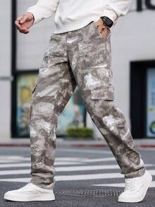 1pc American Casual Brand Camouflage Men's Multi-Pocket Skinny Jeans, Comfortable Washed Denim Pants (No Belt Or Accessories) - Beige - View 3