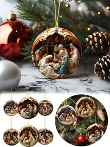 12件/1件 耶稣诞生场景装饰品，2D平面印刷圣诞耶稣主题圆形木质挂牌套装，圣诞树节日装饰，经典圣母玛利亚和耶稣诞生图案，适合新年、圣诞节、感恩节和其他纪念日装饰客厅和教堂，适合作为精美的家庭礼物赠送朋友，2D平面木质，冬日仙境装饰家居派对 - 彩色 - 查看 1