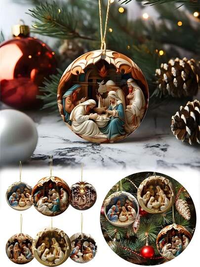 12件/1件 耶稣诞生场景装饰品，2D平面印刷圣诞耶稣主题圆形木质挂牌套装，圣诞树节日装饰，经典圣母玛利亚和耶稣诞生图案，适合新年、圣诞节、感恩节和其他纪念日装饰客厅和教堂，适合作为精美的家庭礼物赠送朋友，2D平面木质，冬日仙境装饰家居派对