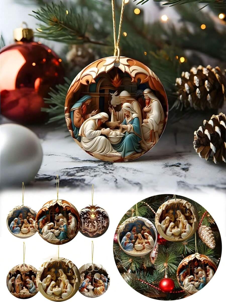 12件/1件 耶稣诞生场景装饰品，2D平面印刷圣诞耶稣主题圆形木质挂牌套装，圣诞树节日装饰，经典圣母玛利亚和耶稣诞生图案，适合新年、圣诞节、感恩节和其他纪念日装饰客厅和教堂，适合作为精美的家庭礼物赠送朋友，2D平面木质，冬日仙境装饰家居派对 - 彩色 - 查看 1