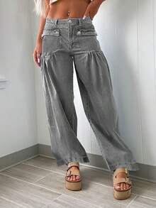 Fashionable Personalized Street Style Commuting Design Pleated Front Pocket Women Loose Straight Leg Jeans - Light Grey - View 4