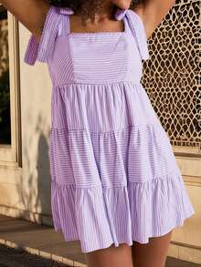 Women Sleeveless Mini Dress Casual Summer Tie Up Strap Striped Print A-Line Party Dress For Beach Club Streetwear - 紫色 - 查看 5