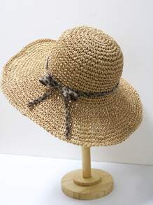 1 件女士手工编织纯色夏季太阳帽，防紫外线镂空草帽，日常旅行沙滩渔夫帽