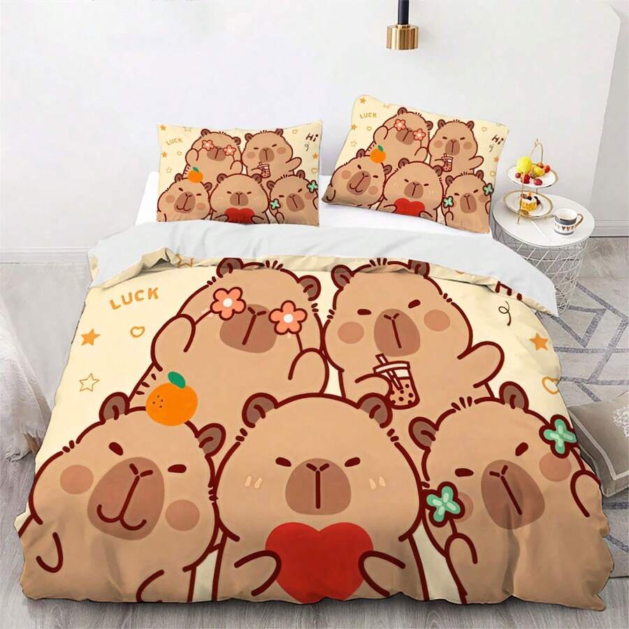 2/3 pièces Ensemble de housse de couette imprimé mignon de capybara, ensemble de housse de couette en polyester doux, housses de couette en microfibre lavables pour la décoration de la chambre, de la chambre d'amis, du dortoir (1 * housse de couette + 1/2 * taie d'oreiller, sans noyau) - Multicolore - Voir 1