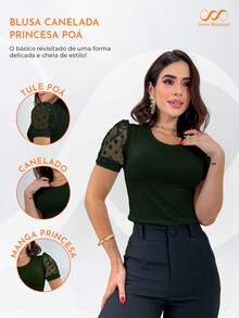 Women's Blouse Short Puff Sleeve Tulle Polka Dot Blouse - Màu xanh lá cây đậm - Xem 3