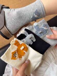 3 Pairs Women's Cat & Cartoon Design Mid-Calf Socks, Fall Socks - Multicolor - View 6