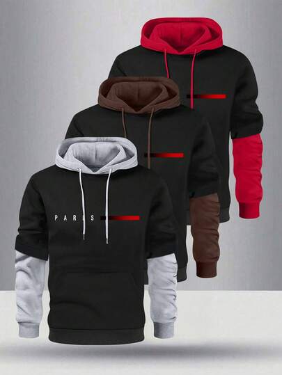 3 Packs Autumn And Winter New Men's Long Sleeve 2 In 1 Hooded Sweatshirt Colorful Flutter Letter Print Pattern Regular Large Size Casual Sports Fitness Running Travel Vacation Outdoor Camping Men's Tops