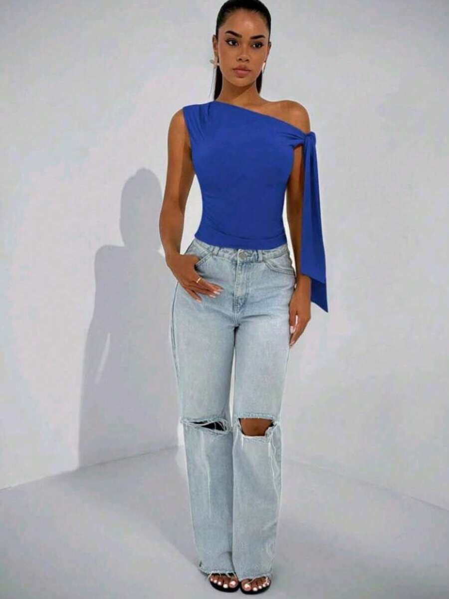 Elegant Suplex T-Shirt Top With Asymmetrical Shoulders And Straps, Ideal For Daily Use, Outings, Nightclubs, Parties, Halloween Costumes - Xanh đậm - Xem 1