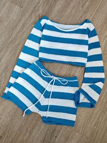 Sexy Beach Holiday Two Pieces Set Women Summer Outfits For Women 2pcs/Set Women Striped Crew Neck Long Sleeve Cropped Sweater & Knitted Shorts ,Holiday Outfits,Ibiza Outfits,Crochet Co Ord - Multicolor - View 2