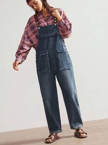 Bohemela Big Pocket Washed Denim Suspender Jumpsuit - Blue - View 4