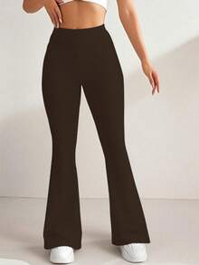 女士高腰纯色喇叭裤，运动瑜伽紧身裤，压缩紧身裤，跑步健身裤，女装，女士紧身裤，女士夏季长裤 - 棕色 - 查看 4