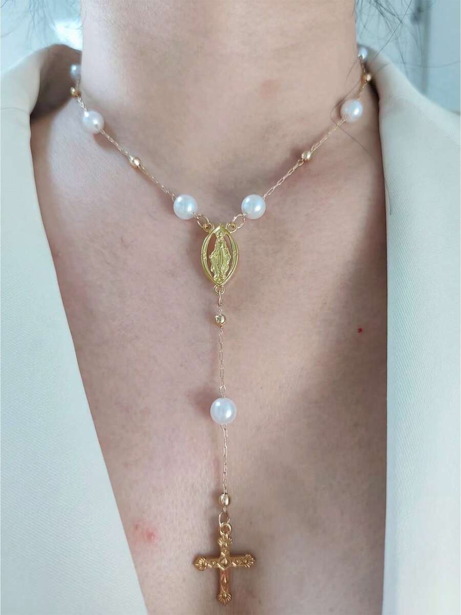 1pc Retro Golden Cross, Jesus Pendant Necklace, Faux Pearl Y-Shaped Beaded Necklace, Long Necklace For Women, Suitable For Daily Gatherings, Fashionable Commuting (Random Number Of Beads)