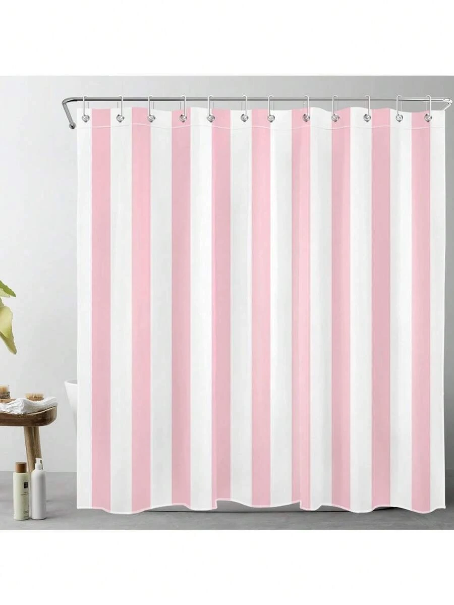 Shower Curtain For Bathroom With Hooks, Multi-Size, Modern Striped Bathroom Curtains Geometric Patterns Vertical Stripe Washable Polyester Fabric Bathroom Shower Curtains - 粉色 - 查看 1