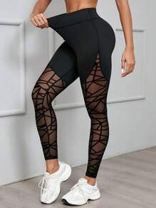 High Waist Geometric Mesh Patchwork Leggings, Slimming Yoga Fitness Workout Pants, Sexy Skinny Ankle Length Trousers
