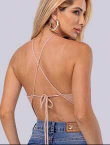 Women's Plain Halter Neck Knit Scarf-Style Crop Top With Tie Back And V-Neck Knitwear - màu đen - Xem 5