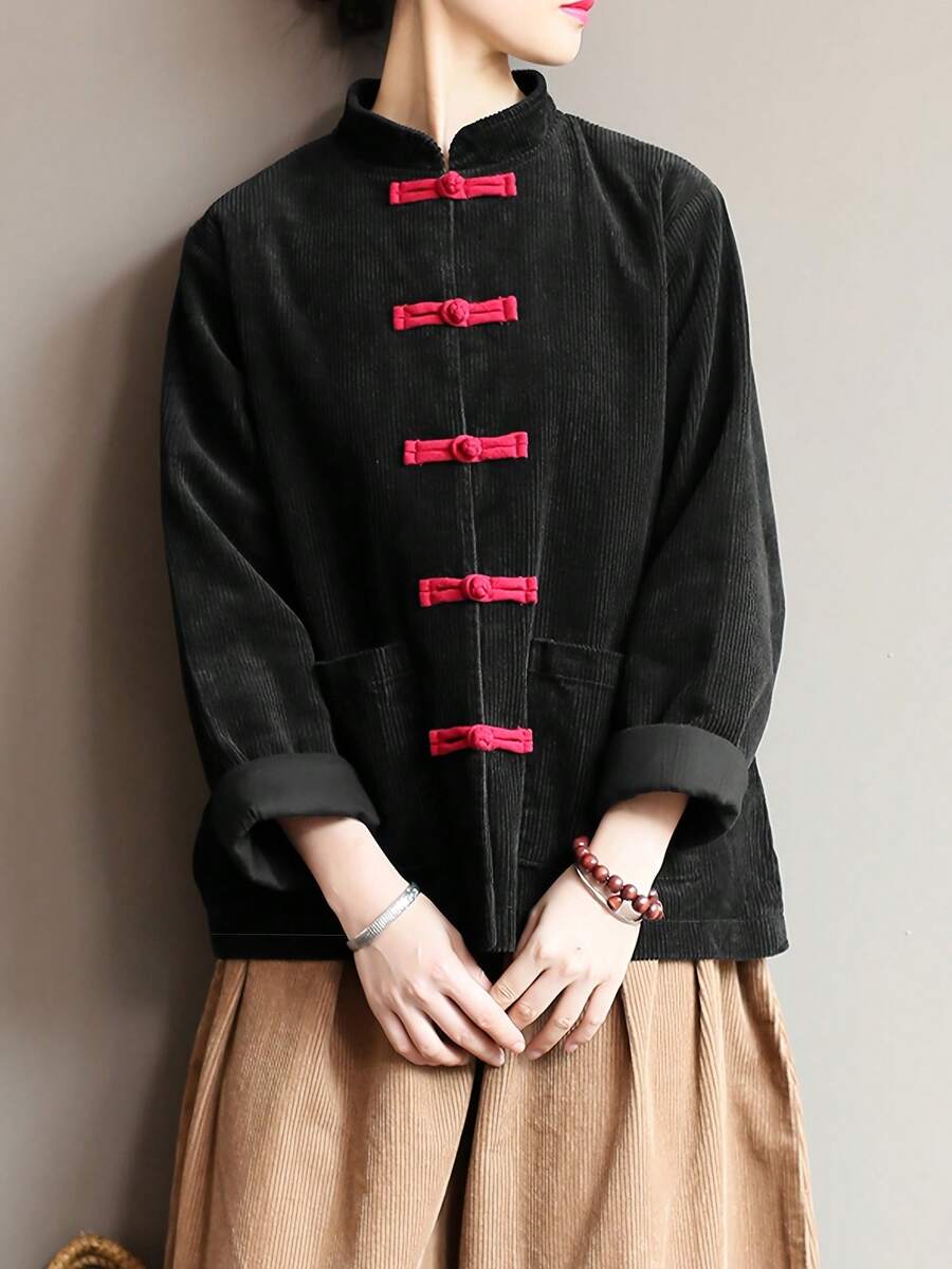 な春秋のプラスサイズ長袖婦人服婦人唐スーツツイルファインツイード、中国風ダウンジャケット、国家伝統、ヴィンテージコットンコート - ブラック - チェックする 1