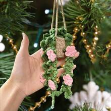 1pc Crochet Plant Decor, Boho Handmade Car Rear View Mirror/Room Hanging Accessory, Suitable For Women & Girls, Green Car Interior Aesthetic Decor, Truck Hanger Ornament Charm For Men - Multicolor - View 3