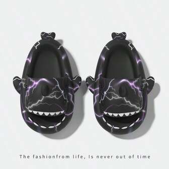 男士闪电图案鲨鱼拖鞋，舒适防滑休闲软底防臭 EVA 拖鞋，男士夏季室内鞋