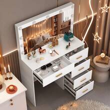 White Dressing Table +Charging Station Vanity Desk Set W/ 11 LED Bulbs Mirror UK - White - View 4