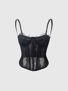 Y2K Lace Underwire Corset Top - Boned Bustier With Rear Hook & Eye Closure, Sheer Mesh Spaghetti Strap Crop Top - màu đen - Xem 1