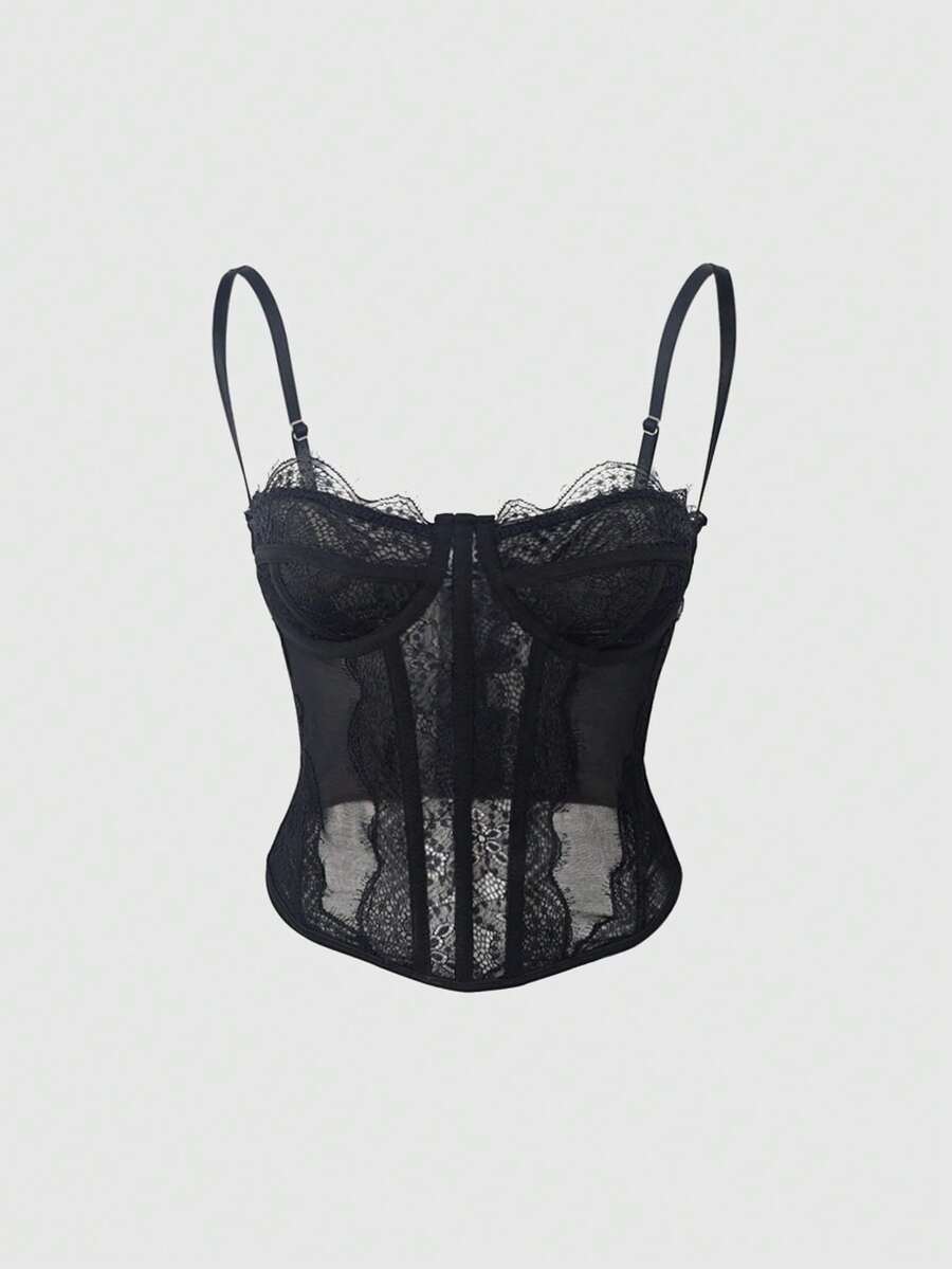 Y2K Lace Underwire Corset Top - Boned Bustier With Rear Hook & Eye Closure, Sheer Mesh Spaghetti Strap Crop Top - màu đen - Xem 1