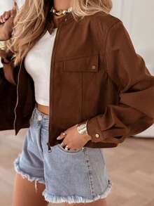 Women Short Faux Suede Zip-Up Jacket With Ribbed Trim Pockets, Solid Color, Casual Wear For Autumn/Winter - Brown - View 4