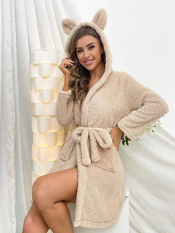 1pc Women's Autumn/Winter Furry Ear Hooded Casual Plush Robe, Thermal Lined Thick Soft Cute Sleepwear