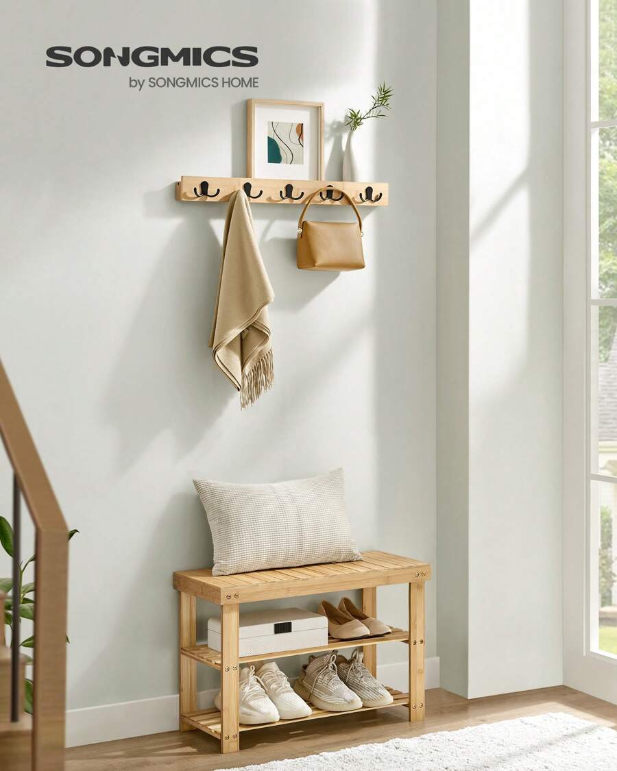 SONGMICS Coat Rack Shoe Bench Set, Hall Tree With Bench, Multifunctional, 5 Double Metal Hooks, 3-Tier Bamboo Shoe Rack, For Hallway, Bedroom, Living Room, Natural Beige - Beige - View 1