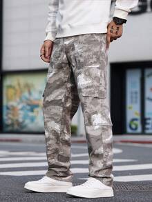 1pc American Casual Brand Camouflage Men's Multi-Pocket Skinny Jeans, Comfortable Washed Denim Pants (No Belt Or Accessories) - Beige - View 6