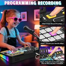 طاولة خلط DJ للأطفال، طاولة خلط DJ للأطفال الصغار مع لوحة DJ وضع اللعبة والتحكم بالإضاءة والسرعة والميكروفون، هدايا للأولاد والبنات من عمر 3 إلى 6 سنوات - طقم خلط DJ للأطفال