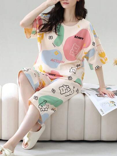 2pcs Women Pajama Set, Summer Short Sleeve Round Neck 3/4 Pants Casual Loose Sleepwear Set, Floral - Color Block - Bear Print Pattern Apricot Loungewear, Casual Homewear | Cute Pajama Set | Easy Care Fabric