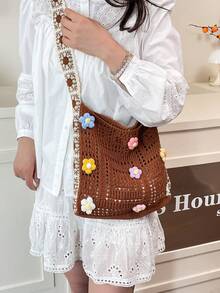 Vintage Hollow Floral Contrast Color Casual Crossbody Bag (Flower Color And Position Random) - Multicolor - View 8