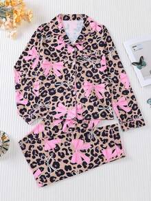 2 件豹纹蝴蝶结女士睡衣套装，时尚柔软的装扮，舒适的长袖有领纽扣衬衫，配有胸袋和宽松的抽绳裤，适合节日派对、休闲户外和室内穿着、秋冬、秋季服装 - 彩色 - 查看 1