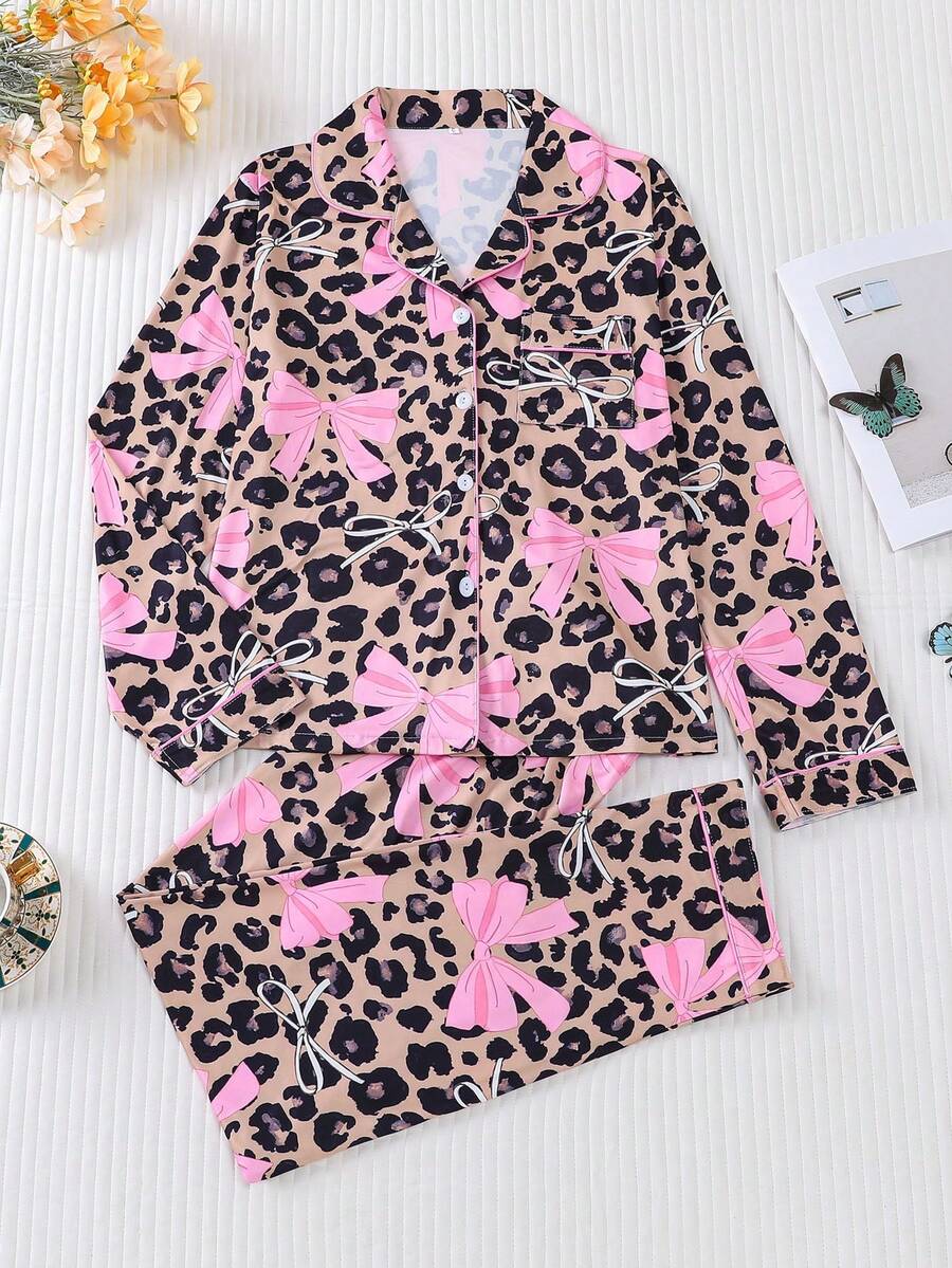 2 件豹纹蝴蝶结女士睡衣套装，时尚柔软的装扮，舒适的长袖有领纽扣衬衫，配有胸袋和宽松的抽绳裤，适合节日派对、休闲户外和室内穿着、秋冬、秋季服装 - 彩色 - 查看 1