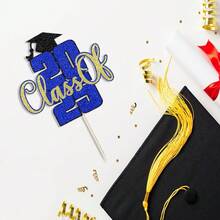 Glitter Class Of 2025 Cake Topper, Congrats Grad 2025/Congrats Class Of 2025/Congratulations, 2025 Graduation Party Decorations Supplies - Dark Blue Gold - 查看 12
