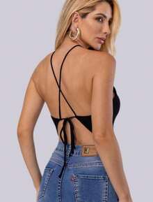 Women's Plain Halter Neck Knit Scarf-Style Crop Top With Tie Back And V-Neck Knitwear - 綠色 - 查看 4