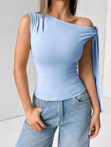 Elegant Suplex T-Shirt Top With Asymmetrical Shoulders And Straps, Ideal For Daily Use, Outings, Nightclubs, Parties, Halloween Costumes - 淺藍色 - 查看 5