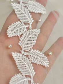 1 件长款新娘面纱带发梳，不对称叶子刺绣装饰，简约百搭，适合婚纱，纯色休闲尼龙材质女士秋装