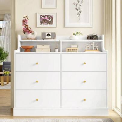 Cómoda blanca, Cómoda de 6 Cajones con Organizador Grande, Cómodas y Cajoneras de Madera, Cómodas Grandes Muebles para Dormitorio Sala de Estar