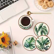A Set Of 5 Wooden Coasters With Tropical Plant Green Leaf Pattern, Choose 1 Set Or 37 Sets, Creative Art Home Decoration, Suitable For Home, Kitchen, Desk Daily Water Coasters, Perfect Gift, Housewarming Gift, Birthday Gift, Gift For Family, Friends - Green - View 3