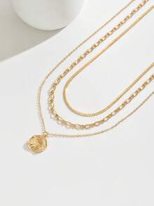 3 pièces/set Collier pendentif rond polyvalent simple, chaîne claviculaire courte dorée faite main chic, collier multicouche mode bijoux pour femmes, convient pour un port quotidien casual. Longueur de chaîne faite main peut être personnalisée. - Multicolore - Voir 3