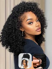 28 Inch Jerry Curly Half Wig Human Hair 200 Density 3 In 1 Seamless Flip Over Half Wigs Human Hair Glueless Wear And Go Beginner Friendly Kinky Curly Wig Human Hair Drawstring Headband Wig For Women - Natural Black - Xem 2
