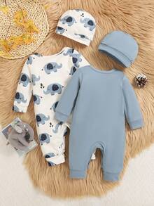 2pcs Baby Girl Blue Solid Long Sleeve Jumpsuit + Elephant Allover Print Jumpsuit Set With Hat, Cute, Autumn/Winter - Blue - View 2