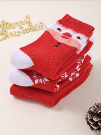 3 Pairs Women Warm Thick Christmas Mid-Calf Socks For Autumn & Winter – Red Snowflake And Santa Claus Patterns Crew Socks, Soft Comfortable Holiday Gifts For Women, Back-To-School Thanksgiving And Valentine's Day Christmas Xmas Decorations