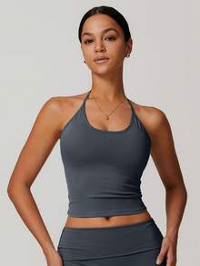 MASKERT 女士瑜伽服，带罩杯和吊带背心，高弹力运动上衣，居家通勤上衣T恤，穿着舒适 - 霧霾藍 - 查看 4