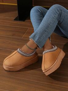 Winter Bestseller Lace Trim Slip-On Slippers For Women & Couples, Warm Snow Boots With Anti-Slip Thick Soles, Simple Retro Indoor/Outdoor Wear