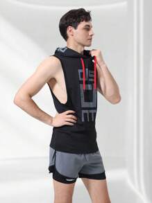 Men's Casual Letter Printed Comfortable Sleeveless Hooded Sports Vest, Fitness Basketball Running Activewear, Stretchy Top For Spring/Summer
