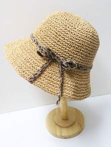 1pc Handmade Crochet Straw Hat, Floral Design, Spring/Summer Beach Sun Hat, Foldable UV Protection,Vacation,Holiday,Travel - B - View 5