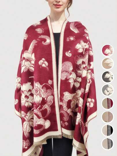 1 Stück vintage eleganter floraler Jacquard Schal für Frauen, leichter Faux-Kaschmir Schal/Decke für Klimaanlagen, modischer kuschelige Umhang Umhang für Frühling, Winter, Herbst, vielseitig einsetzbar als Dekoration/Geschenk für den täglichen Arbeitsweg, Strandreisen, Hochzeitsaccessoire